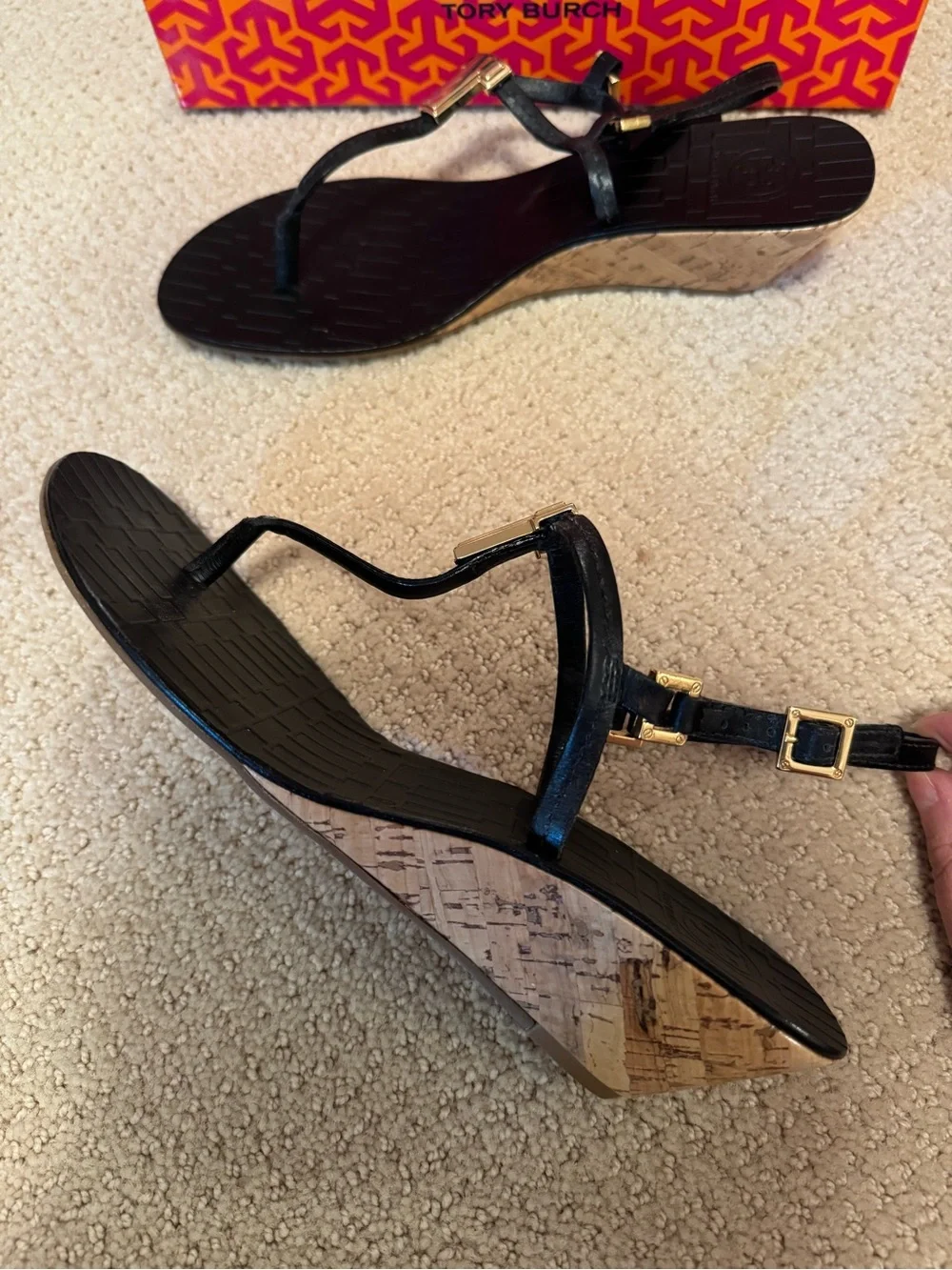 Tory Burch Black Sandals with Cork Platform and Gold Hardware Size 8.5